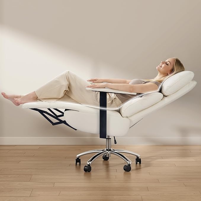 OKUP Reclining Office Chair with Adjustable Headrest and Footrest, 170° Comfortable Office Chair Zero Gravity, Leather Ergonomic Executive Home Office Desk Chair (Cream)