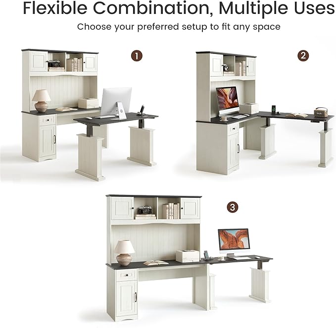 BANTI 60" Adjustable L Shaped Executive Desk with Hutch and Storage Cabinet, Farmhouse Computer Desk with Charging Station, Reversible Home Office Workstation, Antique White