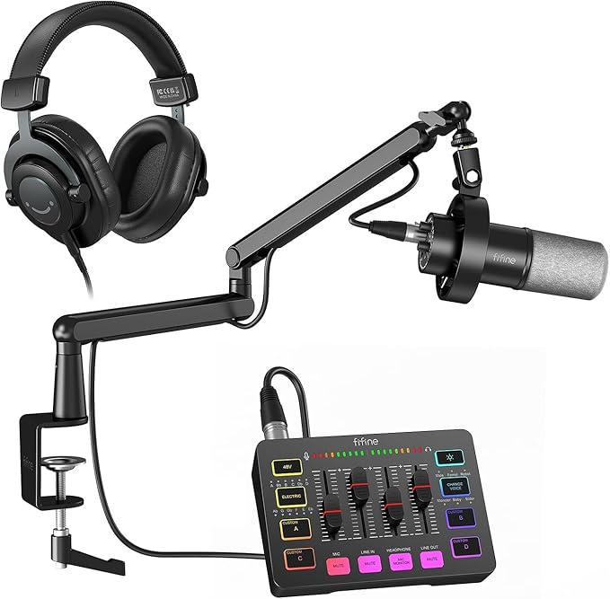 FIFINE Recording Vocal Low Profile Bundle with Arm Stand, Dynamic XLR/USB Mic, Gaming Audio Mixer, Wired Over-Ear Headphone for Podcast, Streaming, Game Voice, Music Creation