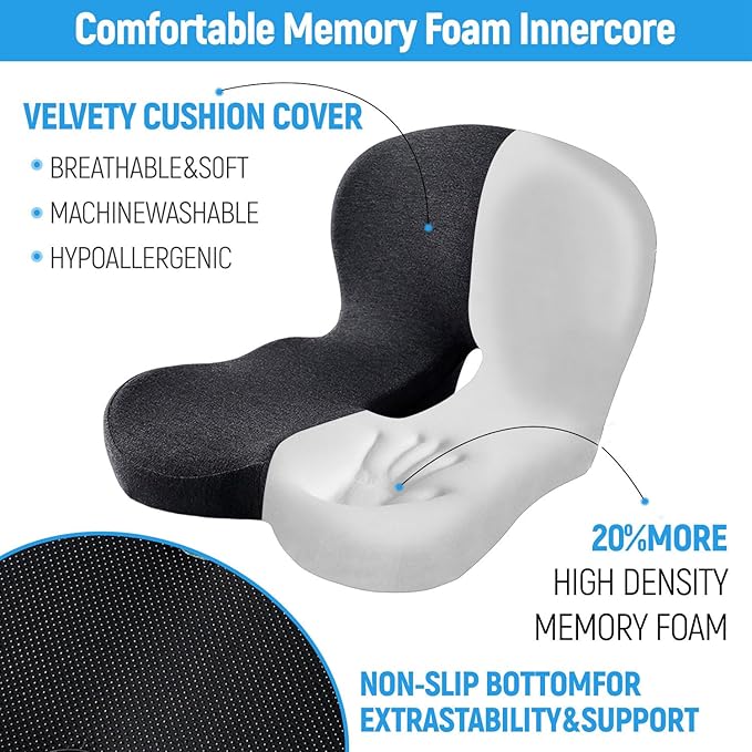 Truck Seat Cushion, Memory Foam L Shaped Seat Cushion, Cushion Lab Ergonomic Back Support & Sciatica Relief for Long Drives, Semi Truck Driver Accessories (Black Gray)