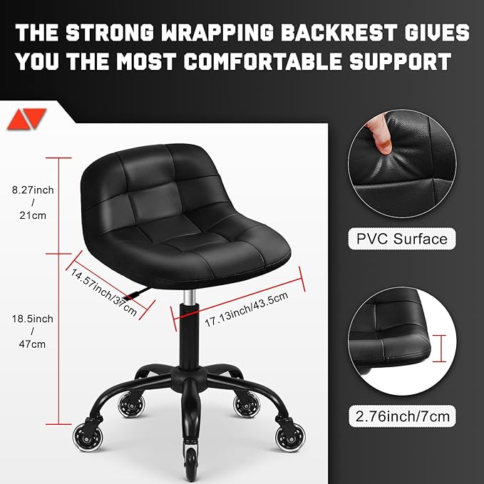 Rolling Shop Stool with Wheels, Rolling Stool with Back Support, 360° Swive Garage Chair, Height Adjustable Chair 330lb Heavy Duty for Spa Salon Massage Home Office Tattoo (Black)