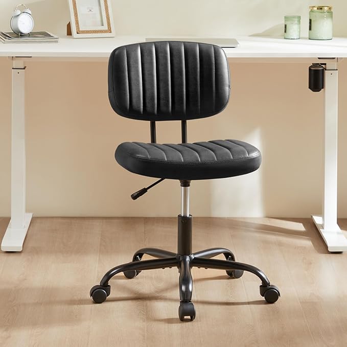 Sweetcrispy Small Office Desk Chair - Armless PU Leather with Comfy Lumbar Support, Height Adjustable Rolling Swivel Task for No Arms, for Adult, Student, Bedroom, Home, Vanity, Black
