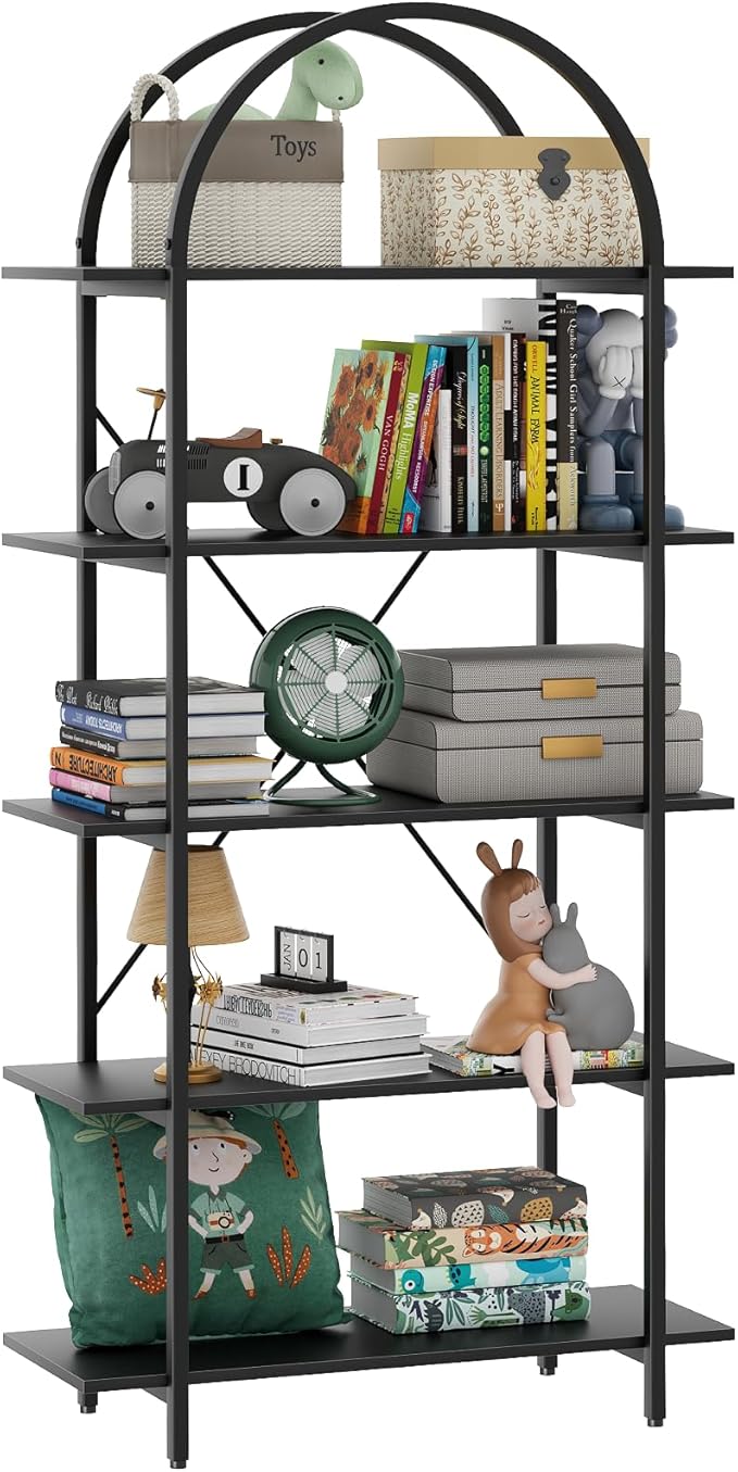 Arbuxzuy Arched Bookshelf 5 Tier Book Shelf, 31.5 Inch Width Industrial Arch Bookcase, Curved Tall Bookshelf with Open Shelves for Home Office, Living Room, Bedroom, Black