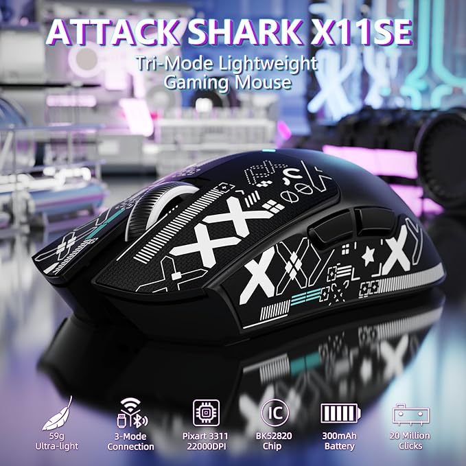 MAMBASNAKE Attack Shark X11SE Lightweight Wireless Gaming Mouse, Tri-Mode 2.4G/USB-C Wired/BT, 22K DPI, PAW3311 Optical Sensor, 59g, 5 Programmable Buttons, 300mAh Battery for PC/Mac(Black-Griptape)