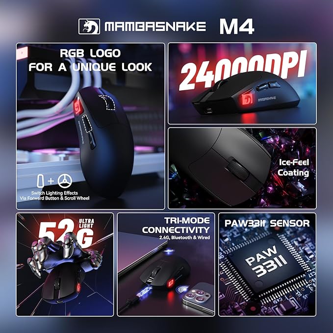 MAMBASNAKE M4 Wireless Gaming Mouse, 52g Lightweight BT/2.4Ghz/Wired Computer Mouse, PAW3311 24K DPI Optical Sensor, 200h Battery Life, Programmable Mice for PC/Win/Mac (Black)