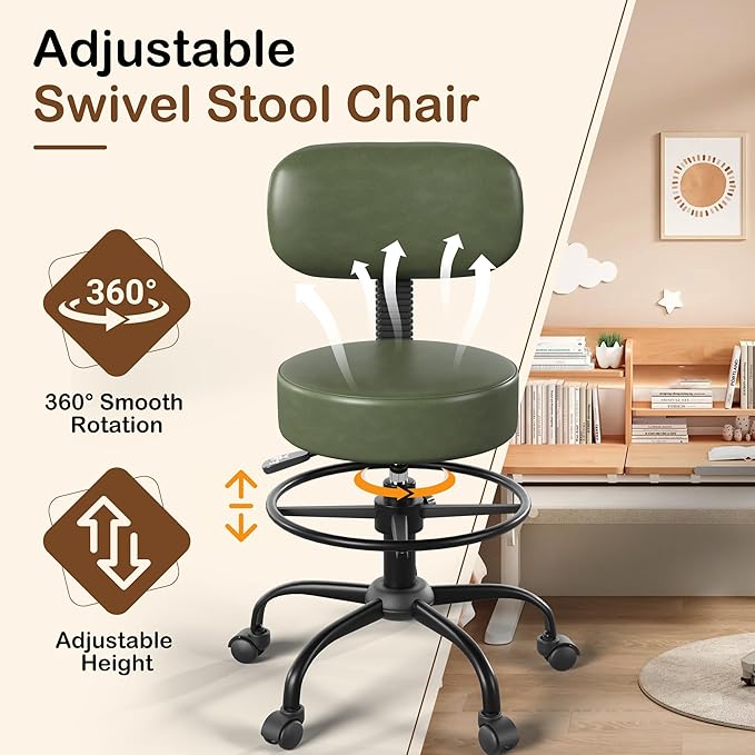 Drafting Chair with Back Support, Adjustable Foot Rest Rolling Stool, 360° Swivel Office Desk Chair with Wheels, Thick Seat Cushion for Home Bar Salon Tattoo Shop (2, Dark Green)