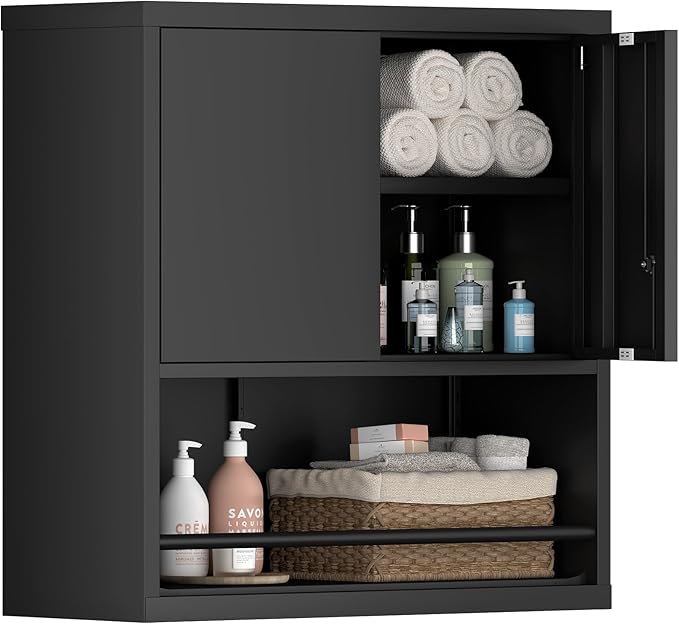 IRONFFICE Metal Cabinet,Lockable Storage Cabinet with Doors,Metal Garage Wall Cabinet with Adjustable Shelf,Locking Cabinet for Home Office,Garage,Shop,Black