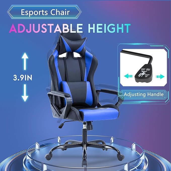 PayLessHere Ergonomic Racing Desk Chair Gaming Chair Computer Chair with Armrests 360° Swivel & Caster Pu Desk Task Chair Executive Headrest Lumbar Support for Back Pain Women Men and Adults, Blue