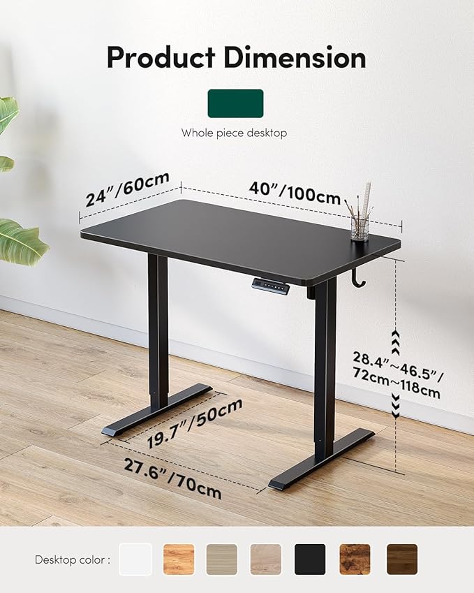 CubiCubi 40 x 24 Small One-Piece Standing Desk, Adjustable Height Electric Computer Home Office Sit Stand up Workstation, with 4 Memory Presets, Headphone Hook, Black