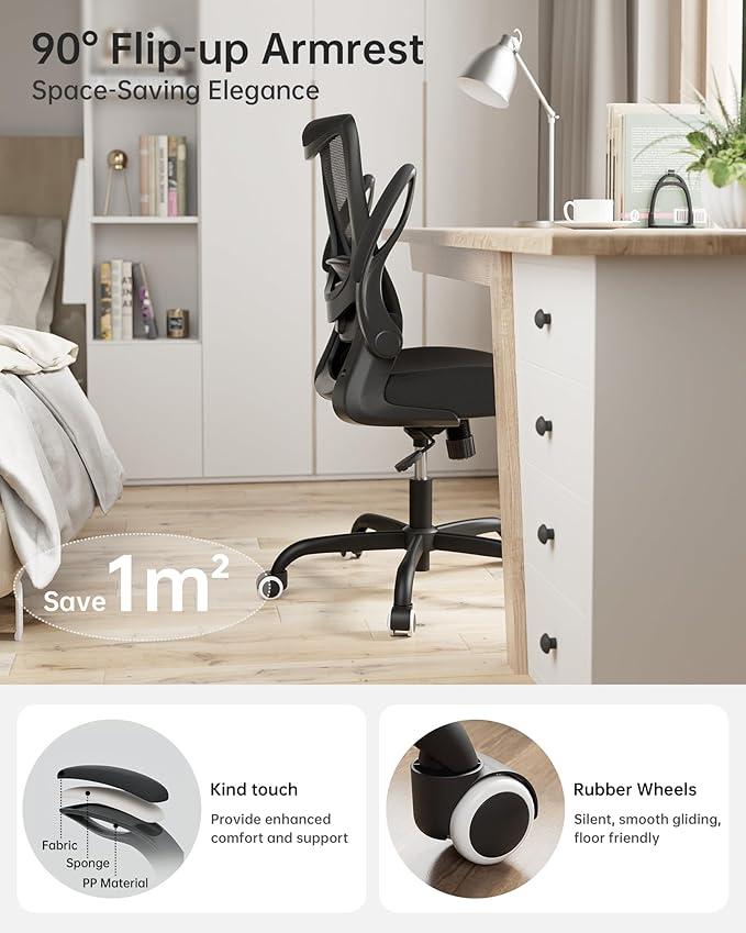 MUXX.STIL Office Chair, Ergonomic Desk Chair with Adjustable Lumbar Support and Flip up Armrest, Breathable Mesh Computer Chair for Home Office, Black