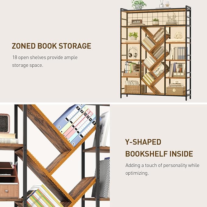 RALGEND Triple 6-Tier Bookshelf, Industrial Large Bookcase with 18 Open Display Shelves, Modern Tree Bookcase with Metal Frame and Hanging Function for Living Room, Home Office, Rustic Brown and Black