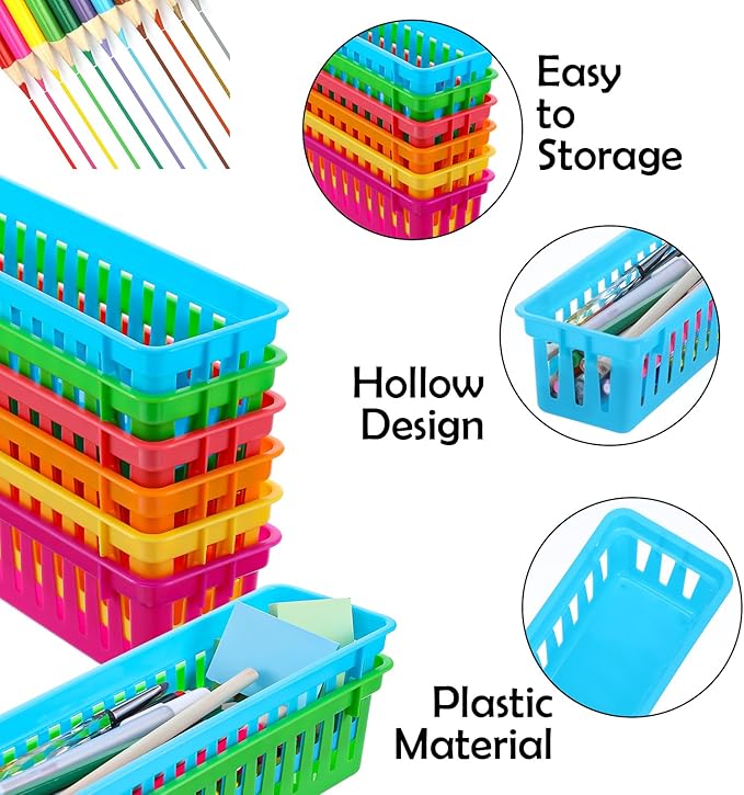 12 Pack Colorful Slim Plastic Storage Baskets Tray for Organizing, 10.24 x 3.15 x 2.36 Inch Small Slim Colorful Pencil Plastic Baskets for Desk Garage Cabinet Containers (6 Colors)