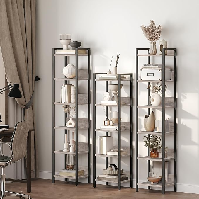 MAHANCRIS Bookshelf, 6-Tier Bookcase, Standing Book Shelf for Small Space, Storage Shelf Organizer, for Living Room, Bedroom, Study, Balcony, Greige and Black BKHG6601