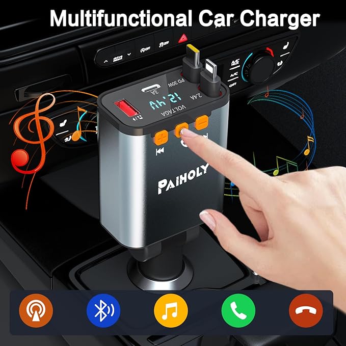 Bluetooth 5.3 Car Adapter, FM Transmitter Bluetooth Car Charger, 4 in 1 Retractable Car Charger, Phone USB C PD Fast Charging Adapter for RV SUV Truck, Fit iPhone 17/16/15/14 (Type C & Lightning)