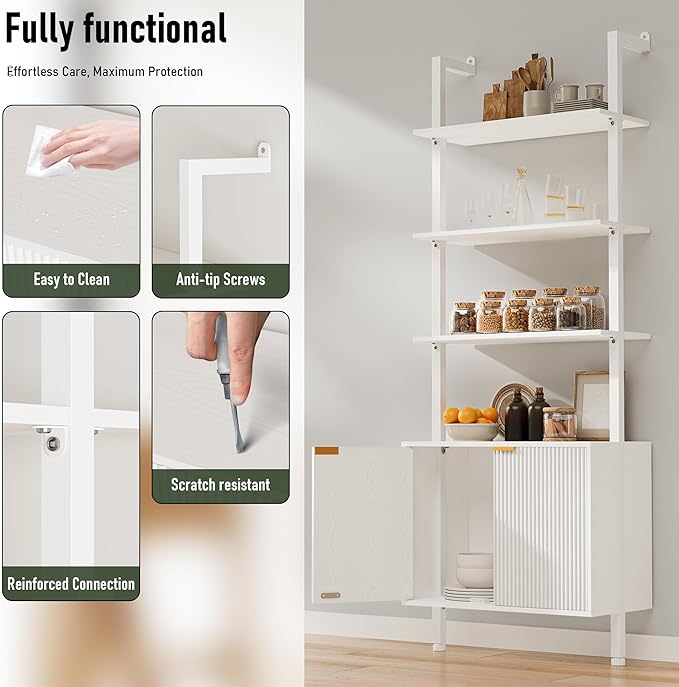 INNOD 74" Tall Bookshelf with Storage Cabinet, Modern Ladder Shelf with Wood and Metal Frame, Wall Mount Bookcase Open Display Shelf Furniture for Living Room, Bedroom, Home Office, White