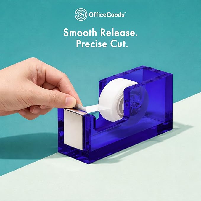 OfficeGoods Acrylic Tape Dispenser – Modern Desk Organizer for Office Supplies, Heavy Duty Refillable Tape Holder for Home and School Crafting, Stylish Desktop Accessory for Gift Wrapping, Blue