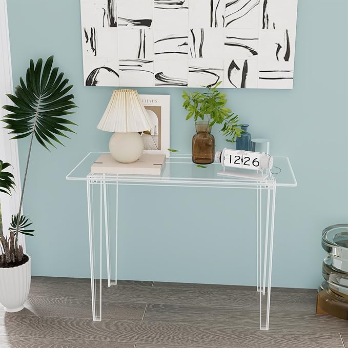 Acrylic Desk, Acrylic Table & Clear Desk - Modern Home Office Study Table, Extended Surface Multi-Purpose Console, Sturdy Lightweight for Small Spaces Transparent Workstation (Transparent-M)