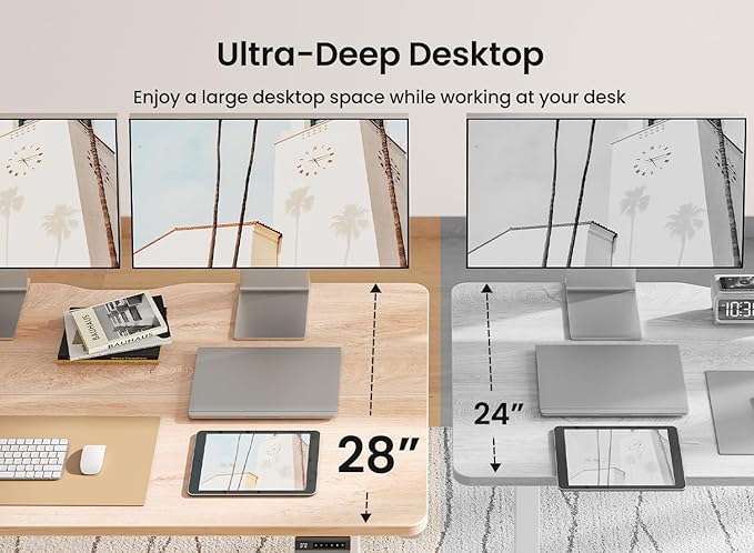 BANTI 63 × 28 Inches Standing Desk, Ergonomic, Electric Height Adjustable, Sit and Stand Up, Computer Desk with a Deeper Desktop, White Frame/Maple Top