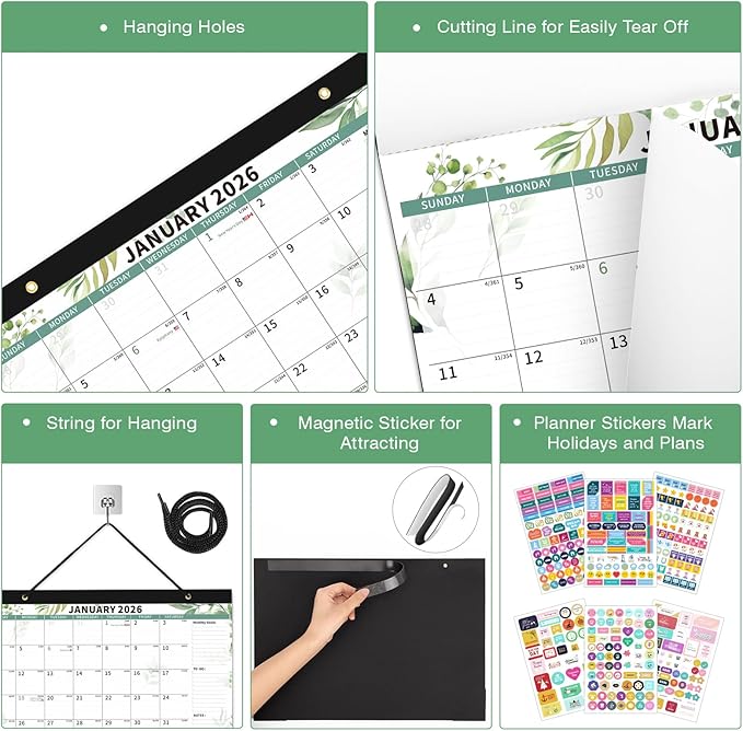 Ospelelf Desk Calendar 2026-2027, Magnetic Fridge Wall Calendar, 18 Month Monthly Large 17" X 12" Calendar Planner with Plastic Cover, January 2026 - June 2027 Green Plant
