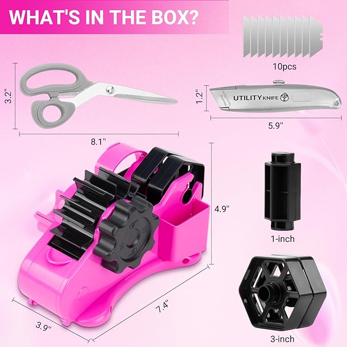THINKLEARN Heat Tape Dispenser - Sublimation Heat Transfer Tape Dispenser with Scissors and Utility Knife, 1 '' & 3'' Core, Multi-Roll Pre-Cut Tape Dispenser for Crafting, PreCut 1.4'' Pieces, Pink