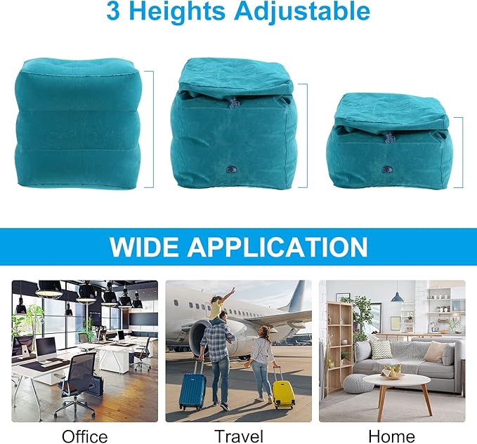 PATIKIL Travel Foot Rest Pillow, Inflatable Foot Rest Mat Adjustable 3 Layers Height Sleep Flights Leg Rest Pillow for Airplane Train Office, Teal Blue