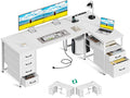 Coleshome L Shaped Computer Desk with 6 Drawers & Power Outlet, 63 Inch Office Desk with Reversible Storage Shelf & File Drawer, Home Office Desk, White