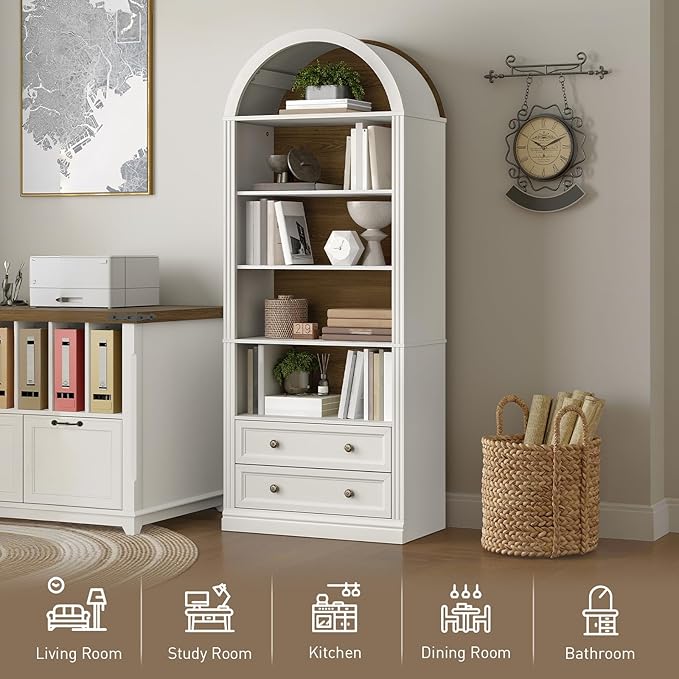 RALGEND Farmhouse Arched Bookshelf Set of 2, 7 Tiers Arch Bookcase with 2 Spacious Drawers, Modern Book Shelf with Open Display Shelves and Storage Cabinet, for Office, Living Room, Walnut and White
