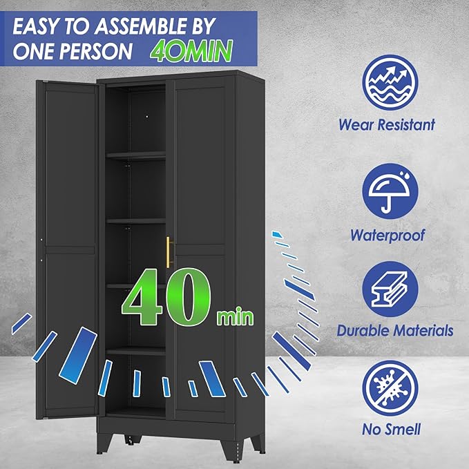 71" Metal Storage Cabinet with Adjustable Leveling Foot,Garage Storage Cabinets with 2 Doors and 4 Adjustable Shelves, Black Steel Cabinet for Office,Home,Garage
