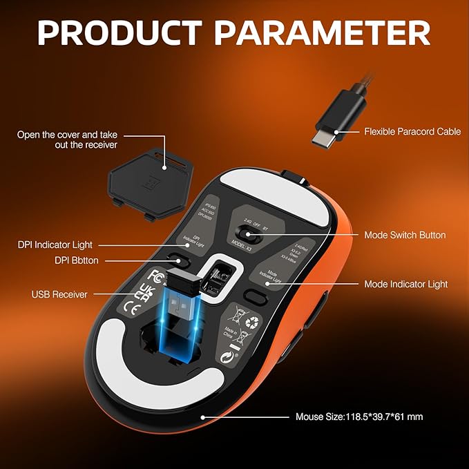 ATTACK SHARK X3 Lightweight Wireless Gaming Mouse with Tri-Mode 2.4G/USB-C Wired/Bluetooth,Up to 26K DPI, PAW3395 Optical Sensor,Kailh GM8.0 Switch,5 programmable Buttons for PC/Win/Mac(Orange)