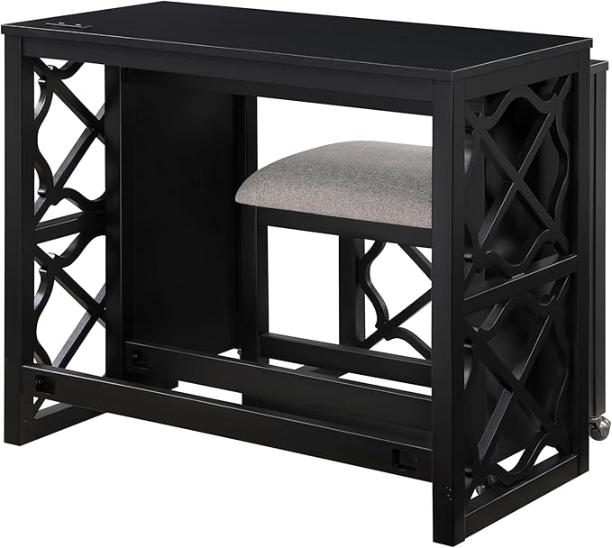 Desks and Stool Set 3pc Black Finish Rolling Desk with Casters, 2 Charging Ports Home Office Furniture