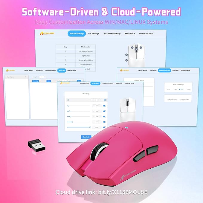 ATTACK SHARK X11SE Lightweight Wireless Gaming Mouse, 59g Tri-Mode BT/2.4G Wireless/Wired Gaming Mouse, PixArt PAW3311 Gaming Sensor, 22000 DPI, Office Mice for PC/Xbox/Win/Mac (Magenta)