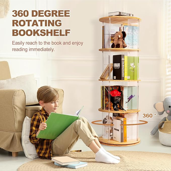 TAKEKIT 360° Rotating Bookshelf, 4-Tier Spinning Book Shelf Tower with Solid Wood & Clear Acrylic, Round Revolving Bookcase for Living Room, Bedroom and Office