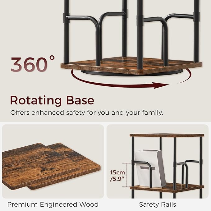 MAHANCRIS 4-Tier Rotating Bookshelf, Freestanding Corner Bookshelf, 360° Spinning Bookcase, Industrial Style Storage Rack with Rails, for Living Room, Bedroom, Study, Rustic Brown and Black BKHR1501
