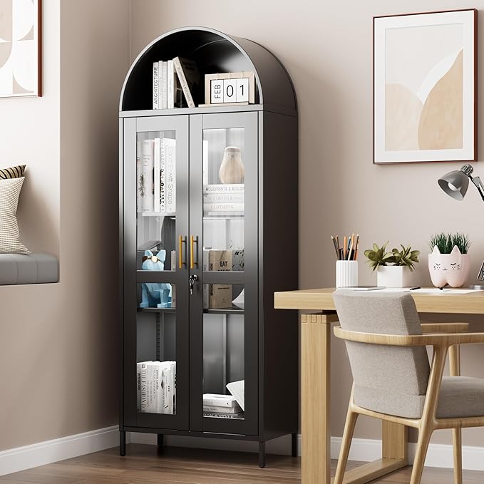 Metal Arched Display Cabinet with 3 Lights,Lockable Arch Cabinet with Glass Doors and 2 Adjustable Shelf for Home Office,Assembly Required,Black