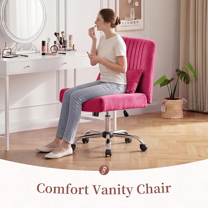 Warmiehomy Criss Cross Office Chair with Wheels, Velvet Cross Legged Desk Chairs for Home, Height Adjustable Swivel Wide Seat Computer Chair, Modern Vanity Chair for Women, Barbie Pink