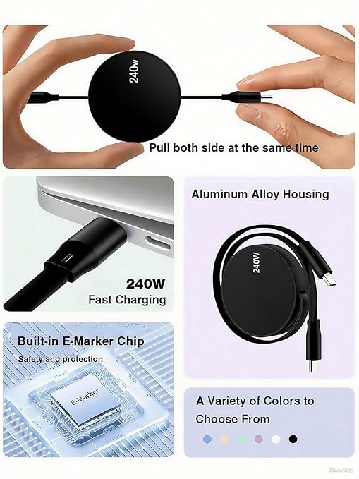 240W USB C to USB C Cable, Retractable usb c Cable Fast Charger Lead, Short Type-C Data Charging Wire for MacBook Pro/Air, iPad Pro/A16/10th/Mini, IPhone 17 Air/16 Pro Max/15Plus Travelling Essentials