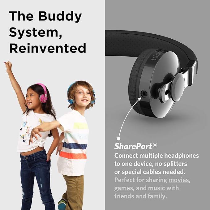 LilGadgets Untangled Pro On-Ear Kids Headphones - Black, Ages 4+, Volume-Limited - Bluetooth & Wired Earphones with SharePort, SoftTouch Padding, 3.5mm Cord, Built-in Mic, 12H Battery
