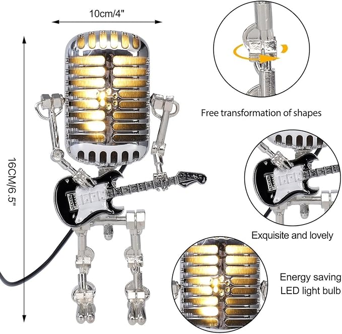 Vintage Microphone Guitar Robot Lamp, Music Gifts for Men, Cool Gifts for Music Lovers, Vintage Light Home Decor Nightstand Desk Lamp for Bedroom, Music Studio(Colorful)
