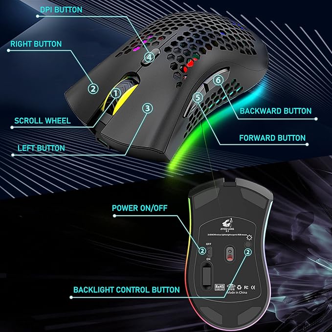 Wireless Lightweight Gaming Mouse Honeycomb with 7 Button Multi RGB Backlit Perforated Ergonomic Shell Optical Sensor Adjustable DPI Rechargeable 800 mAh Battery USB Receiver for PC Mac Gamer(Black)