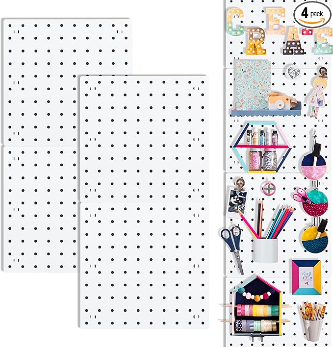 Pegboards, Pegboard Wall Organizer Panels, Peg Boards for Wall, Craft Room, Kitchen, Garage, Living Room, Bathroom, and Study Room, Easy to Install (4Pcs)