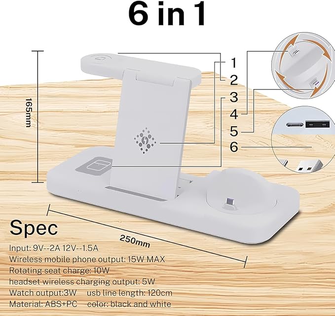 6-in-1 Fast Wireless Charging Station for iPhone 16/15/14/13, Apple Watch Ultra/9/8, AirPods Pro,18W Qi-Certified (B21-C-WHITE)