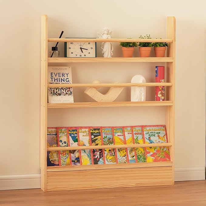Baveke Kids Bookshelf, 3 Tier Shelves Behind The Door Book Shelf Storage, Children's Solid Wood Bookcase Space- Saving, Wall Mount Bookshelf for Bedroom, Living Room, Nursery（FSC-Certified Wood）