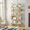 Wide Bookshelf Arched Bookcase, Industrial 5 Tier Open Book Shelves with Metal Frame, 72" Tall Freestanding Heavy Duty Display Rack for Home Office, Living Room,Nature Wood & Gold,Easy Assembly