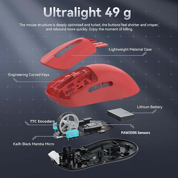 MAMBASNAKE Attack Shark X3 Wireless Gaming Mouse, 49g Ultralight, PixArt PAW3395 26000 DPI, Bluetooth/2.4Ghz /Wired Tri-Mode, 200Hrs Rechargeable Battery, Kailh GM8.0 Switch for PC/MAC/Win - Red