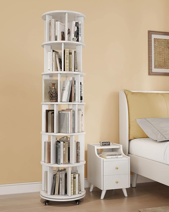 IUNVR Rotating Bookshelf, 6 Tier Solid Wood Bookshelf Tower with Lockable Wheels, 360° Spinning Revolving Bookcase for Small Spaces, Corners, Bedroom, Kids Room, Home Office, White