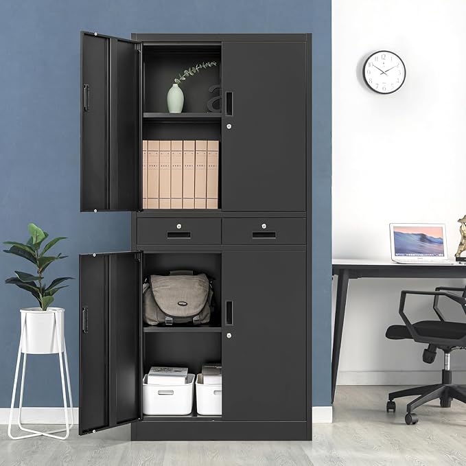 71" H Tall Metal Storage Cabinet with 2 Drawers, Metal Garage Storage Cabinet with Lock and 2 Adjustable Shelves for Home, Office, Garage, Warehouse Organize, Black