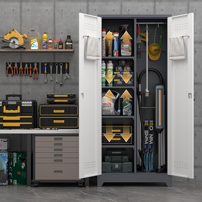 IRONFFICE Metal Garage Storage Cabinet with 2 Doors,72" H Steel Locking Storage Cabinet with Adjustable Shelves,Lockable Tool Cabinets for Office,Home,Garage,Gym,Grey-White