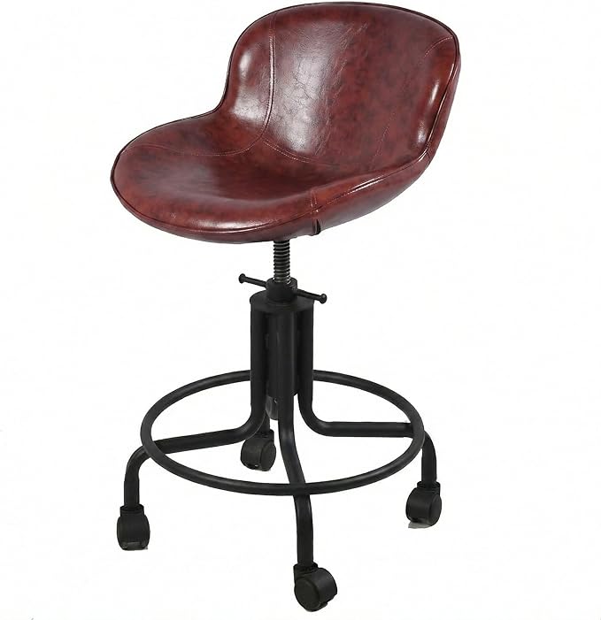 Topower Antique Industrial Design Metal Adjustable Height Kitchen Dining Breakfast Chair Industrial Style Bar Stool Fully Welded Maroon PU Leather Seat