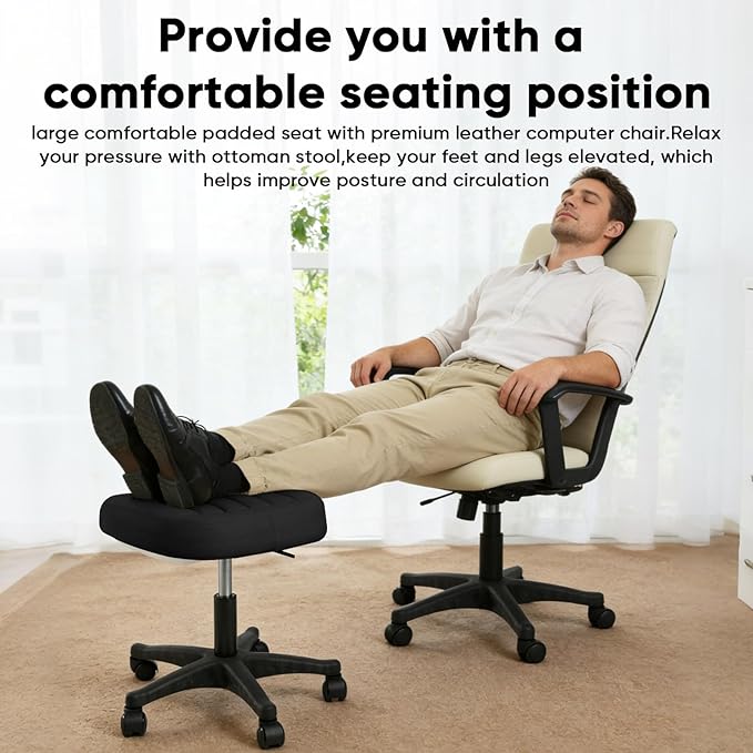 Height Adjustable Foot Stool,Large Seat Under Desk Footrest,Swivel Rolling Chair W Sturdy Wheels,Ottoman Stool Simple Meeting Chair for Home Office,Black