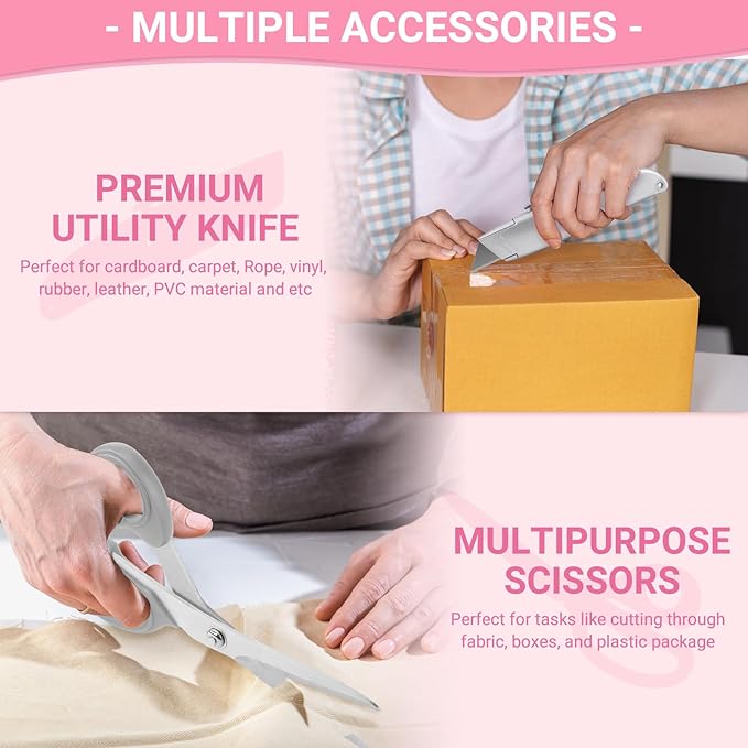 THINKLEARN Heat Tape Dispenser - Sublimation Heat Transfer Tape Dispenser with Scissors and Utility Knife, 1 '' & 3'' Core, Multi-Roll Pre-Cut Tape Dispenser, Light Pink